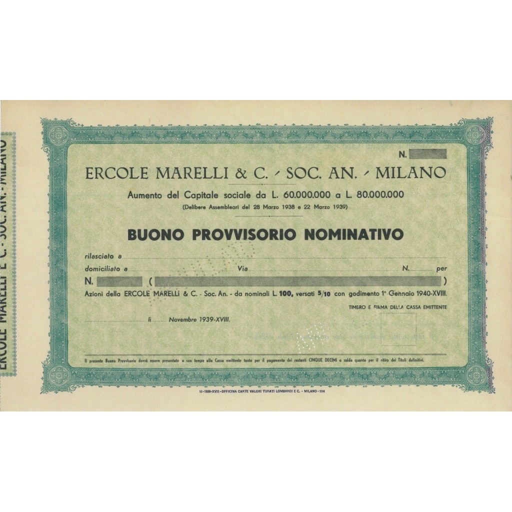 ERCOLE MARELLI E C. - SOC. ANON. AZIONI - MILANO 1939