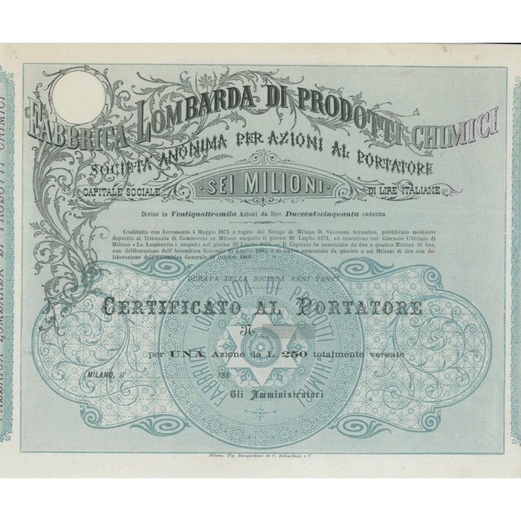 FABBRICA LOMB. DI PRODOTTI CHIMICI 1 AZIONE MILANO 1873