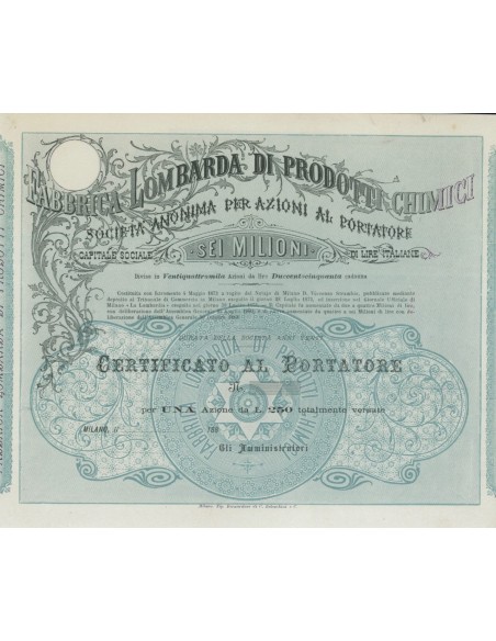 FABBRICA LOMB. DI PRODOTTI CHIMICI 1 AZIONE MILANO 1873