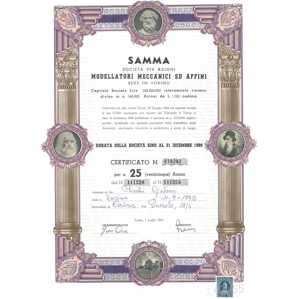 SAMMA MODELLATORI MECCANICI ED AFFINI 25 AZIONI TORINO 1965