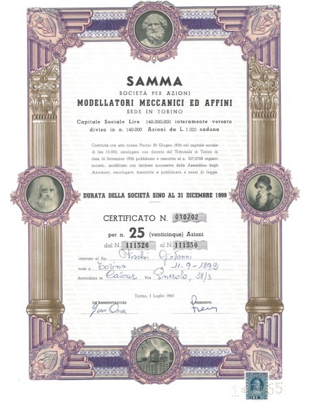 SAMMA MODELLATORI MECCANICI ED AFFINI 25 AZIONI TORINO 1965