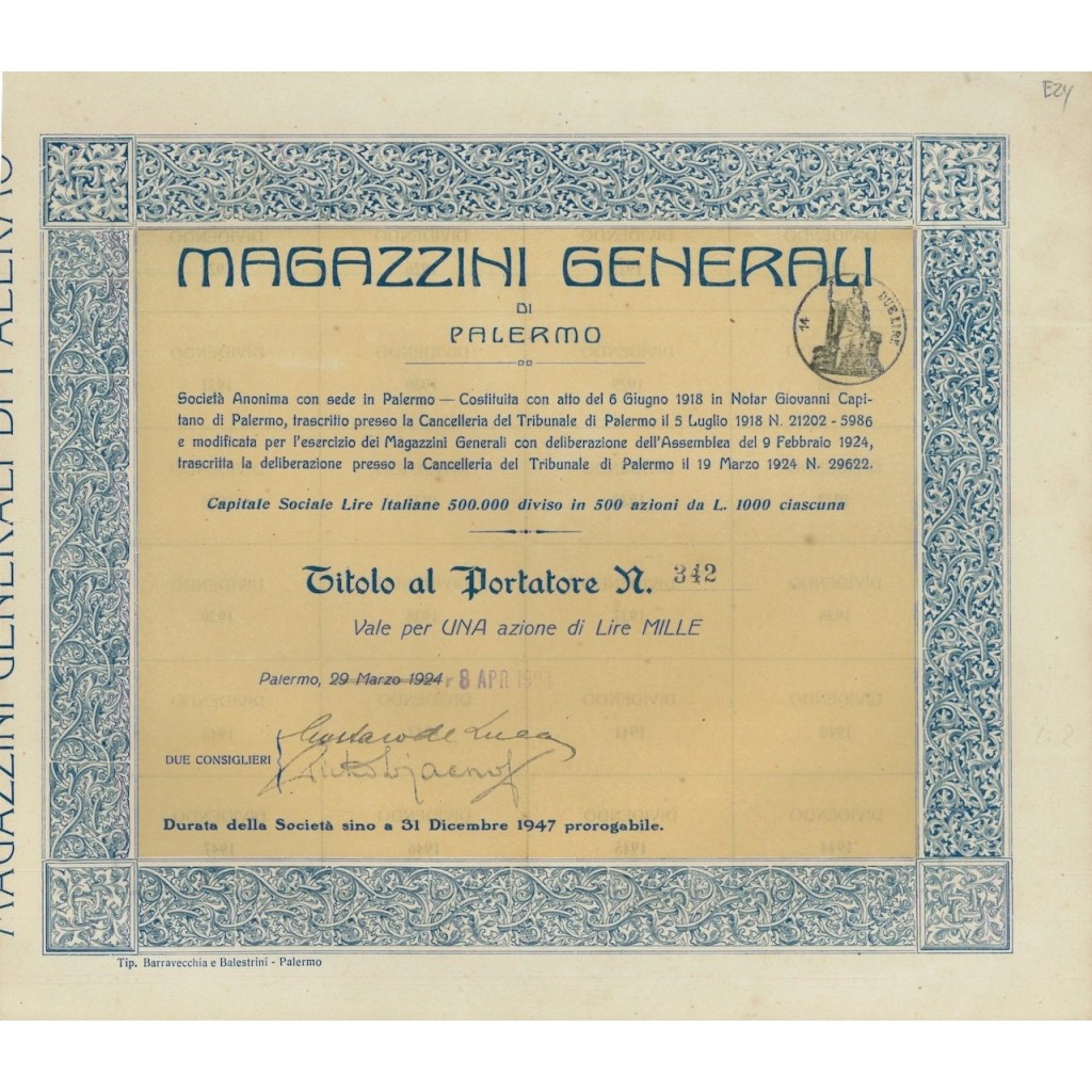 MAGAZZINI GENERALI DI PALERMO - UNA AZIONE PALERMO 1924
