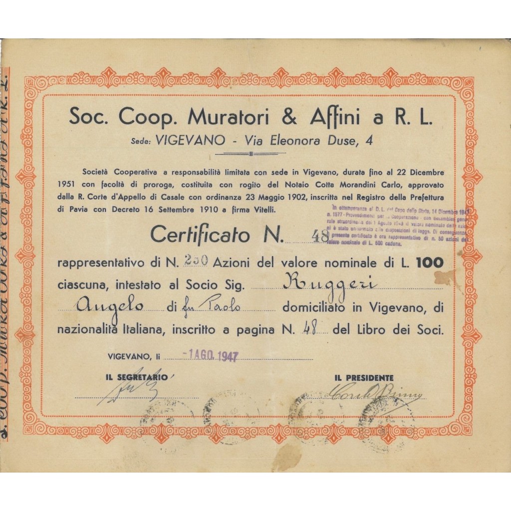 SOC. COOP. MURATORI E AFFINI A R.L. - 250 AZIONI VIGEVANO 1947