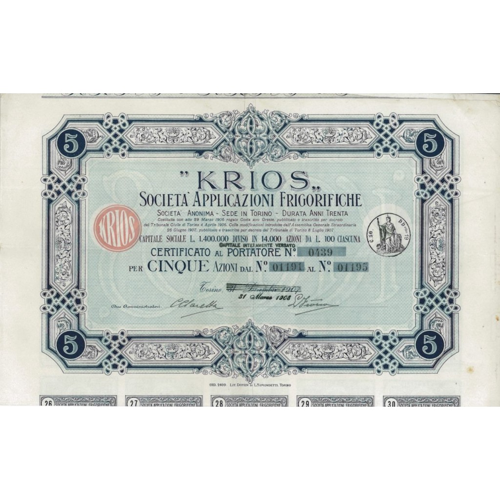 KRIOS SOC. APP. FRIGORIFERE - 5 AZIONI TORINO 1908