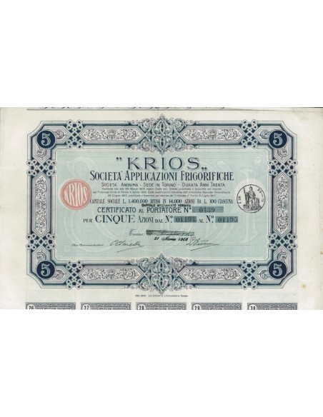 KRIOS SOC. APP. FRIGORIFERE - 5 AZIONI TORINO 1908