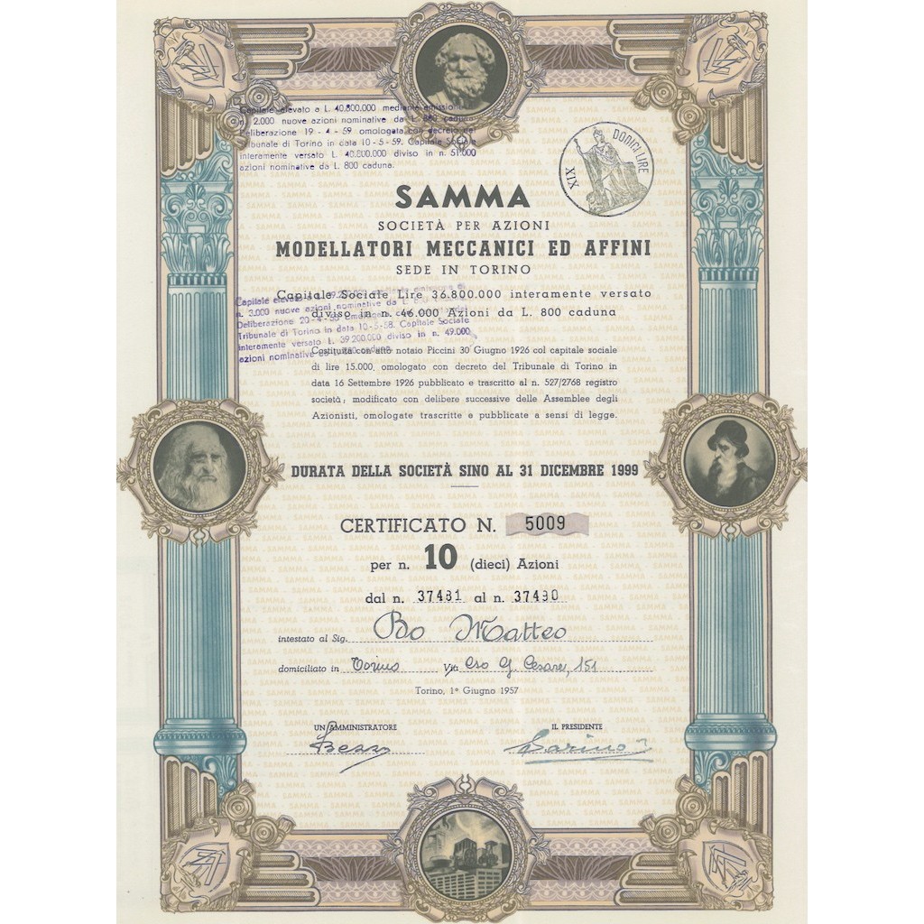 SAMMA MODELLATORI MECCANICI ED AFFINI 10 AZIONI TORINO 1957