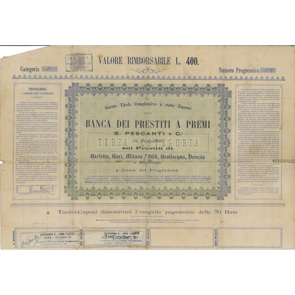 BANCA DEI PRESTITI A PREMI B. PESCANTI E C. OBBLIGAZ. 1866