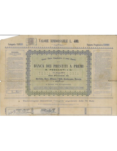 BANCA DEI PRESTITI A PREMI B. PESCANTI E C. OBBLIGAZ. 1866