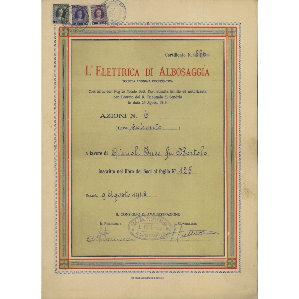 L'ELETTRICA DI ALBOSAGGIA - 6 AZIONI SONDRIO 1948