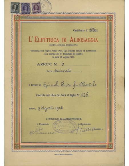 L'ELETTRICA DI ALBOSAGGIA - 6 AZIONI SONDRIO 1948