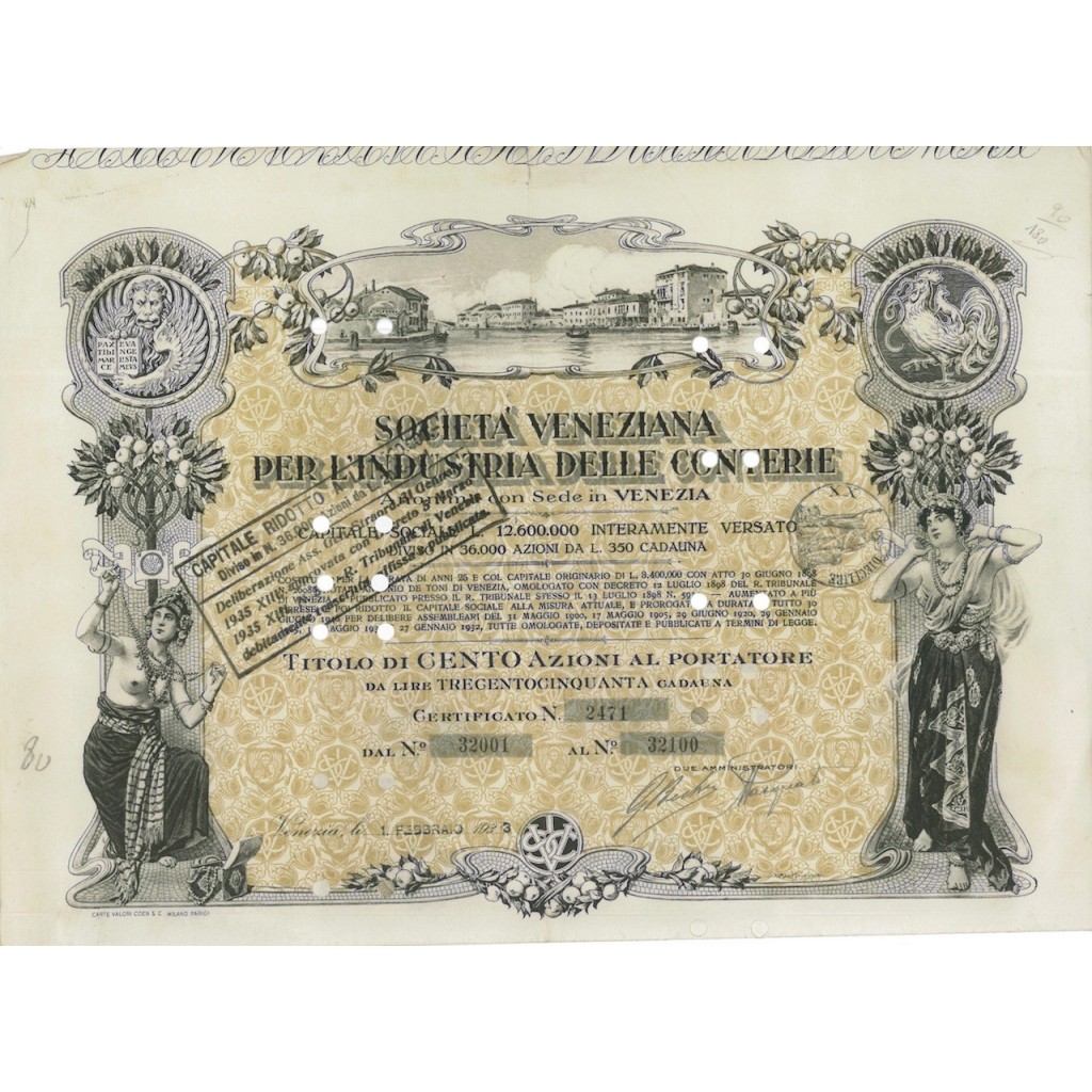 SOC. VENEZIANA PER L'IND. DELLE CONTERIE 100 AZIONI VENEZIA 1933