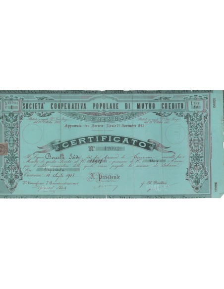 SOC. COOP. POP. DI MUTUO CREDITO - UNA AZIONE CREMONA 1903