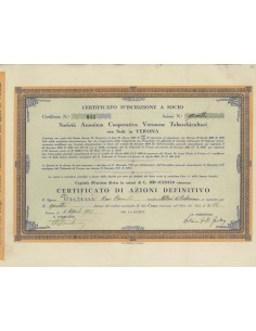 SOC. ANON. COOP. VERONESE TABACCHICULTORI 4 AZIONI VERONA 1937