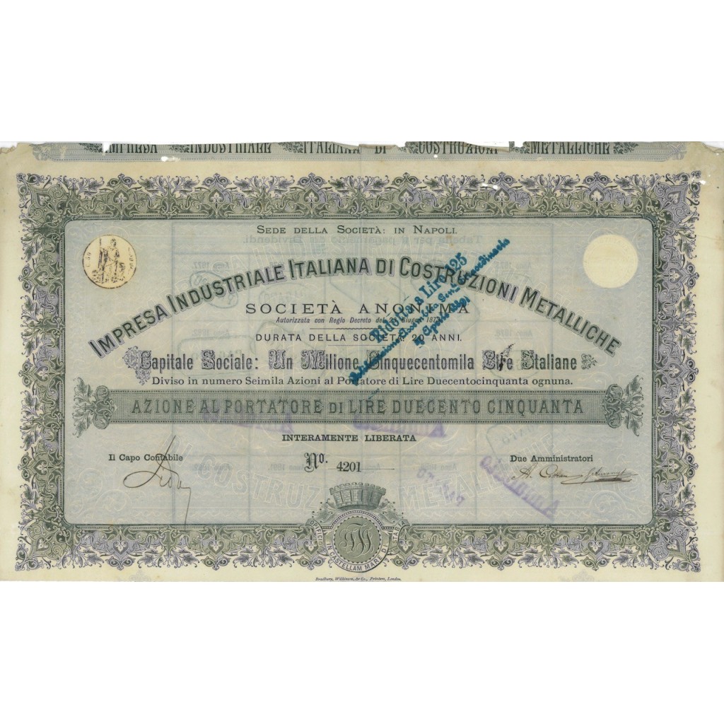 IMP. IND. ITALIANA DI COSTR. METALLICHE - 1 AZIONE NAPOLI 1873