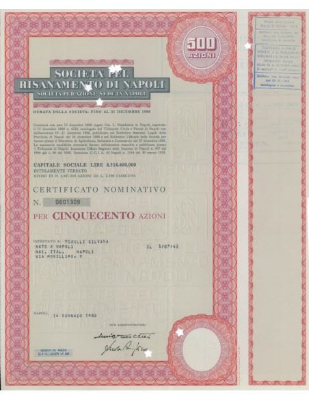 SOCIETÀ PEL RISANAMENTO DI NAPOLI 500 AZIONI NAPOLI 1972
