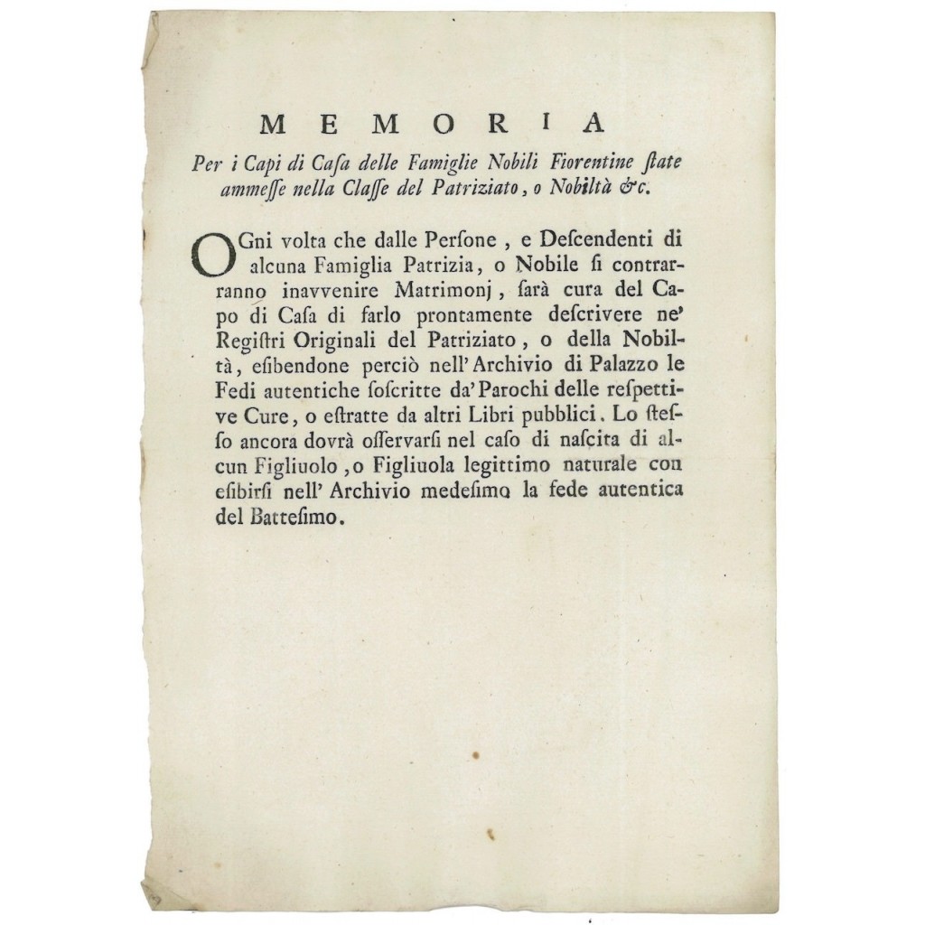 MEMORIA PER I CAPI CASA DELLE FAMIGLIE NOBILI FIORENTINE