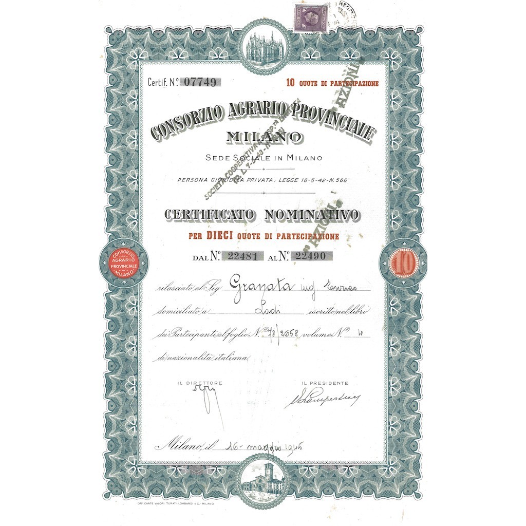 CONSORZIO AGRARIO PROVINCIALE MILANO 10 AZIONI 1945