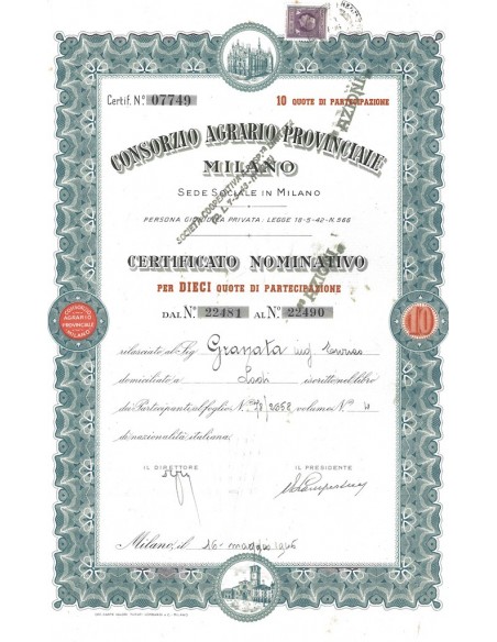 CONSORZIO AGRARIO PROVINCIALE MILANO 10 AZIONI 1945