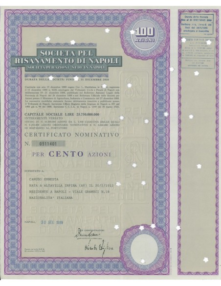 SOCIETÀ PEL RISANAMENTO DI NAPOLI 100 AZIONI NAPOLI 1972