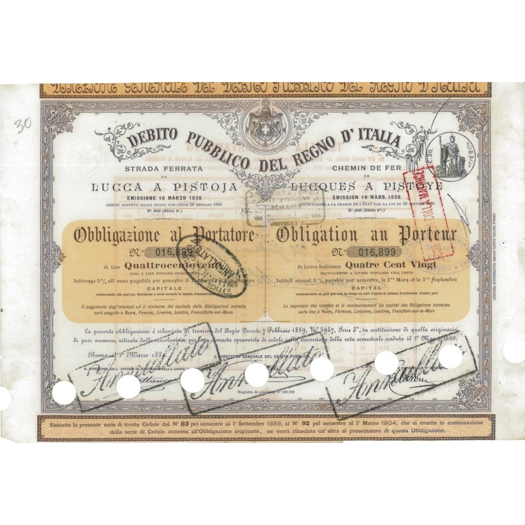 STRADA FERRATA DA LUCCA A PISTOIA 1 OBBLIGAZIONE ROMA 1889