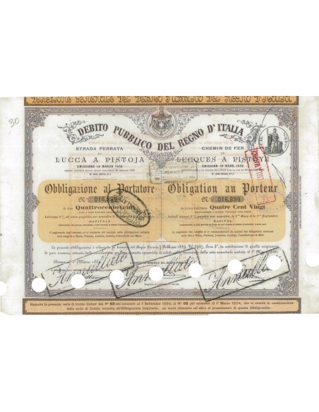 STRADA FERRATA DA LUCCA A PISTOIA 1 OBBLIGAZIONE ROMA 1889