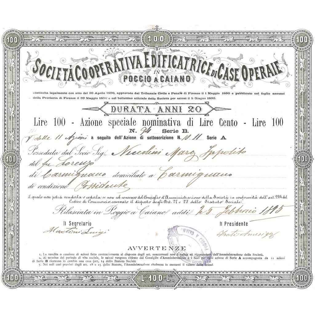 SOC. COOP. EDIFICATRICE DI CASE OPERAIE IN POGGIO A CAIANO - 1 AZIONE SPECIALE 1895