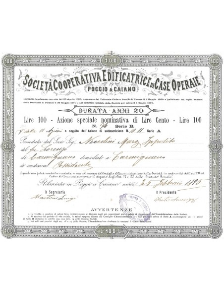 SOC. COOP. EDIFICATRICE DI CASE OPERAIE IN POGGIO A CAIANO - 1 AZIONE SPECIALE 1895