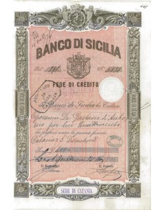 BANCO DI SICILIA - FEDE DI CREDITO 400 LIRE CATANIA 1888