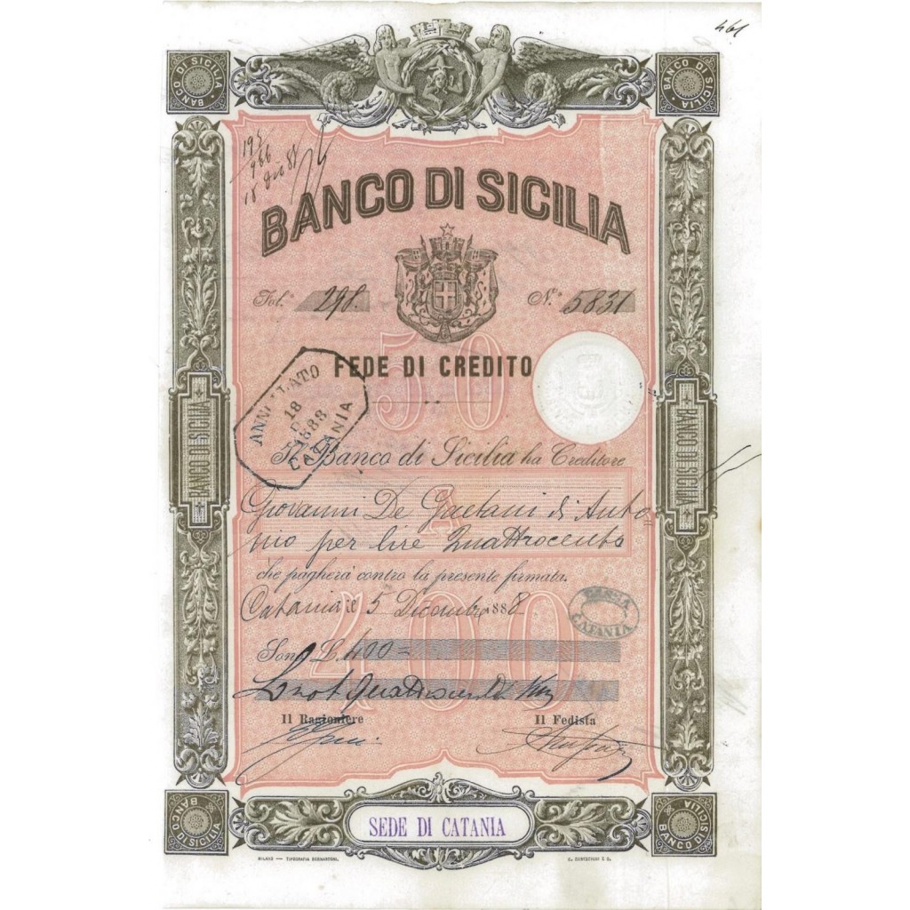 BANCO DI SICILIA - FEDE DI CREDITO 400 LIRE CATANIA 1888