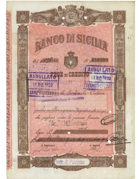 BANCO DI SICILIA - FEDE DI CREDITO 1545 LIRE PALERMO 1920