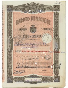 BANCO DI SICILIA - FEDE DI CREDITO 1247 LIRE PALERMO 1923