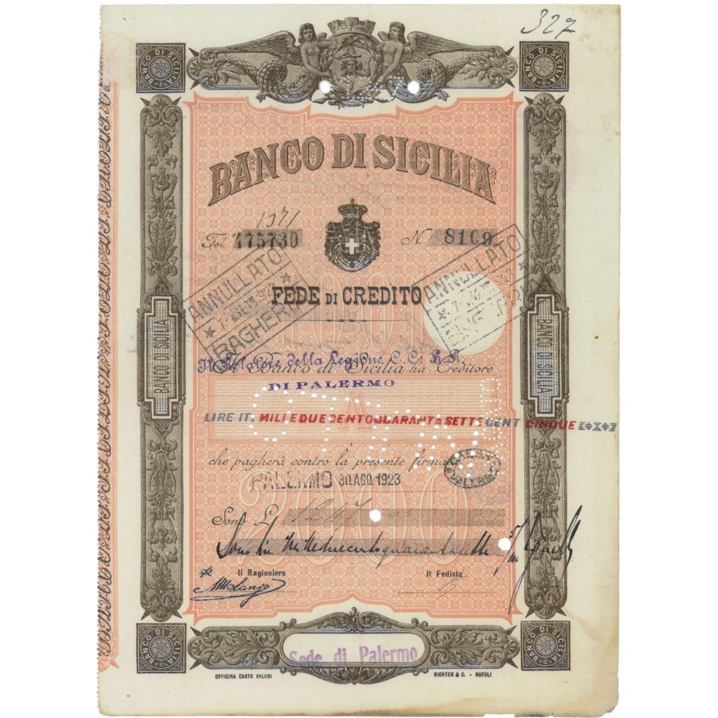BANCO DI SICILIA - FEDE DI CREDITO 1247 LIRE PALERMO 1923