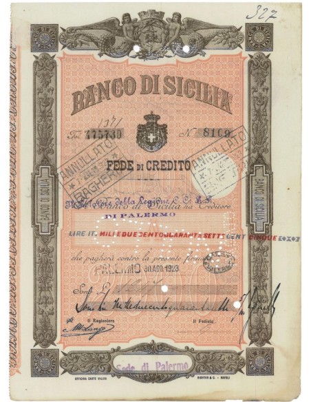 BANCO DI SICILIA - FEDE DI CREDITO 1247 LIRE PALERMO 1923