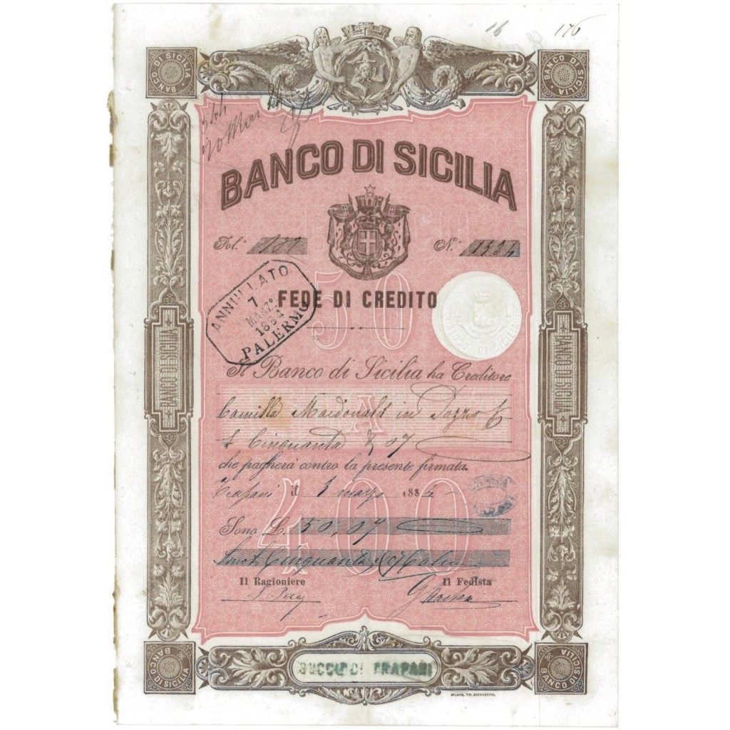 BANCO DI SICILIA - FEDE DI CREDITO 50,09 LIRE TRAPANI 1884