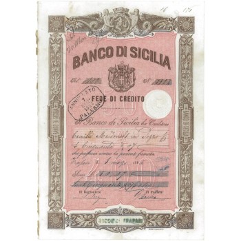 BANCO DI SICILIA - FEDE DI CREDITO 50,09 LIRE TRAPANI 1884