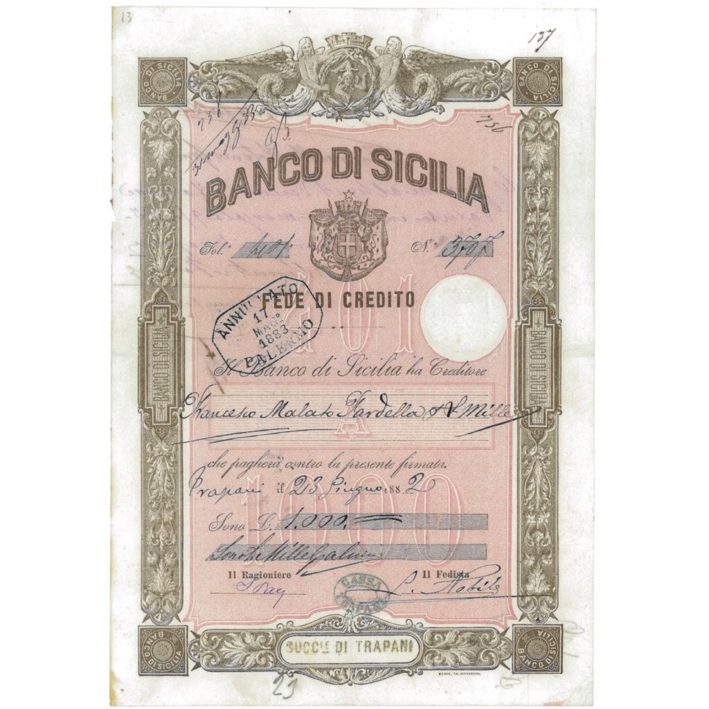 BANCO DI SICILIA - FEDE DI CREDITO 1000 LIRE PALERMO 1882