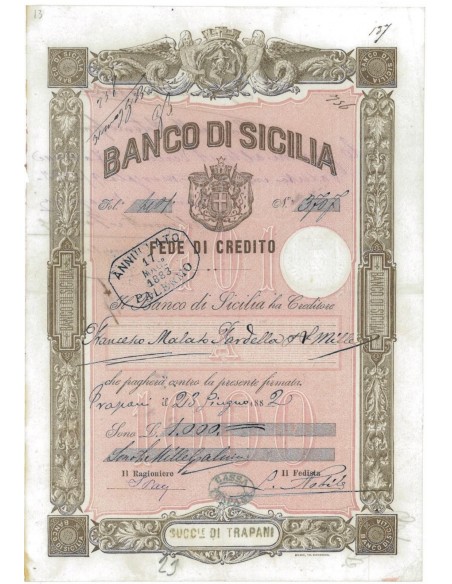 BANCO DI SICILIA - FEDE DI CREDITO 1000 LIRE PALERMO 1882