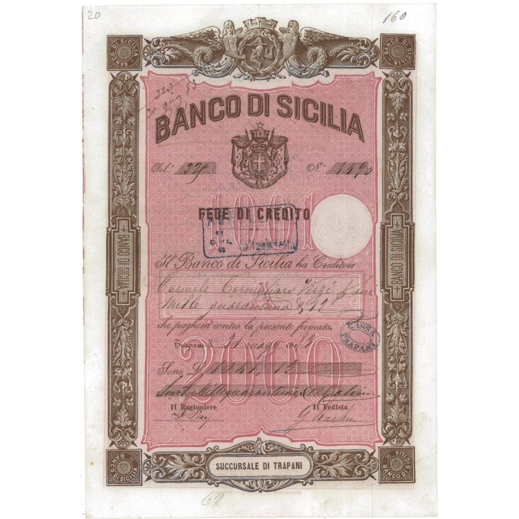 BANCO DI SICILIA - FEDE DI CREDITO 1041,12 LIRE TRAPANI 1884
