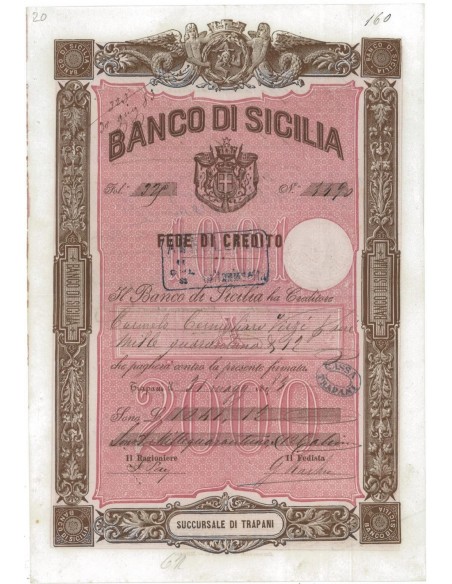 BANCO DI SICILIA - FEDE DI CREDITO 1041,12 LIRE TRAPANI 1884