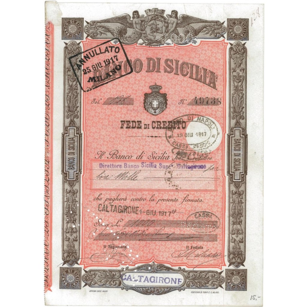 BANCO DI SICILIA - 1000 LIRE CALTAGIRONE 1917