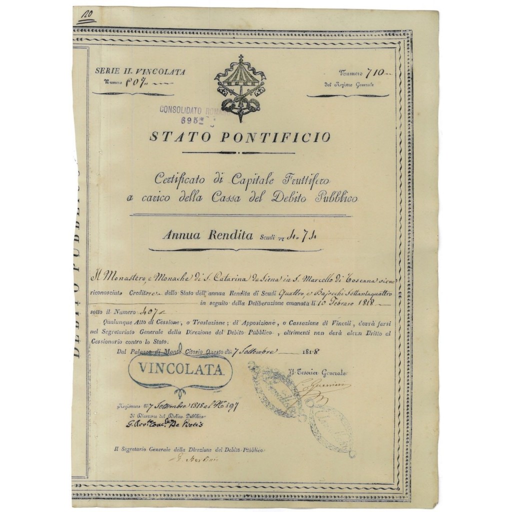STATO PONTIFICIO - CERT. FRUTTIFERO - SERIE II VINCOLATA - 1818