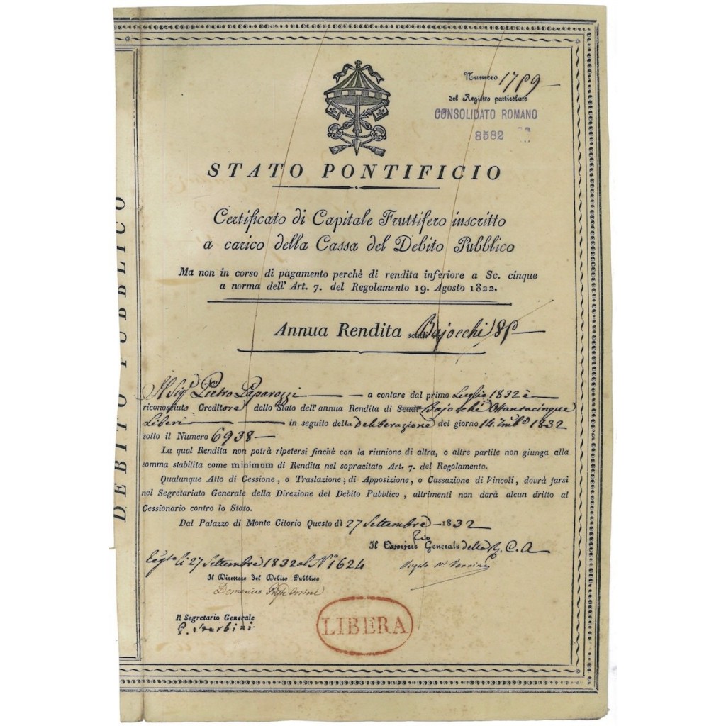STATO PONTIFICIO - CERT. FRUTTIFERO - SERIE LIBERA - 1832