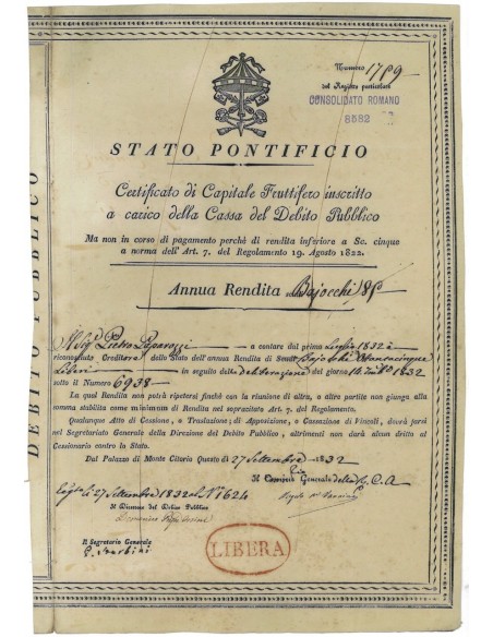 STATO PONTIFICIO - CERT. FRUTTIFERO - SERIE LIBERA - 1832