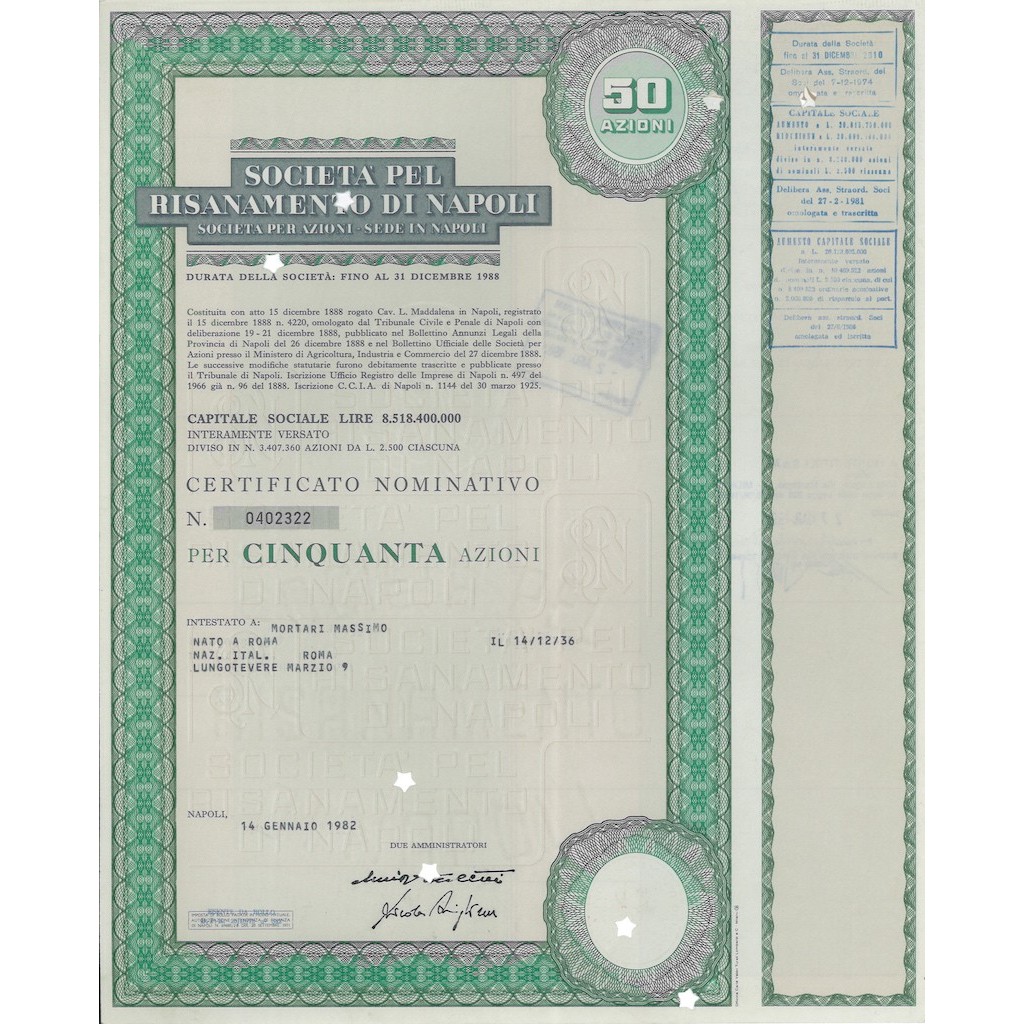 SOCIETÀ PEL RISANAMENTO DI NAPOLI 50 AZIONI NAPOLI 1972