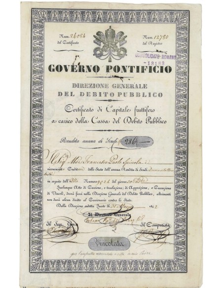 GOVERNO PONTIFICIO - CONSOLIDATO ROMANO CERT. DI SCUDI - 1842