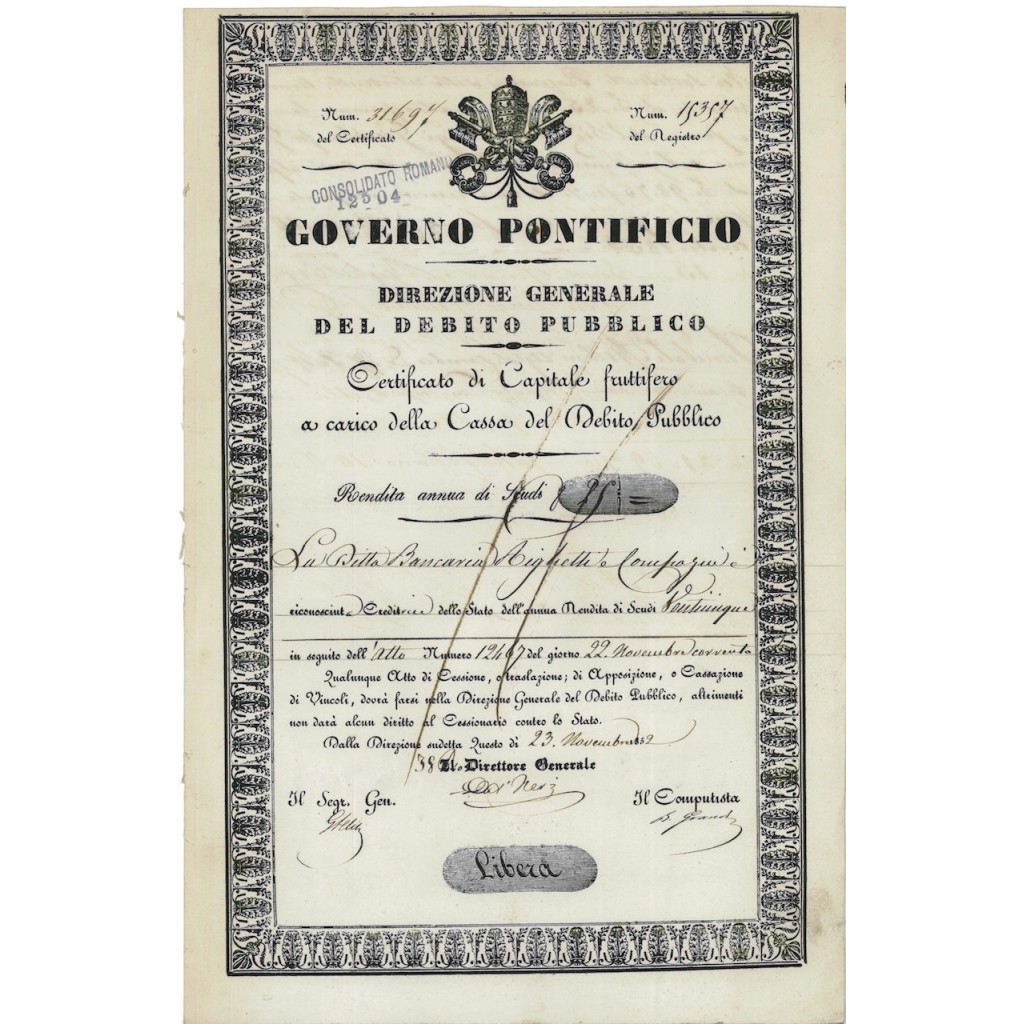 GOVERNO PONTIFICIO - CONSOLIDATO ROMANO CERT. DI SCUDI - 1859