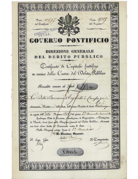 GOVERNO PONTIFICIO - CONSOLIDATO ROMANO CERT. DI SCUDI - 1859