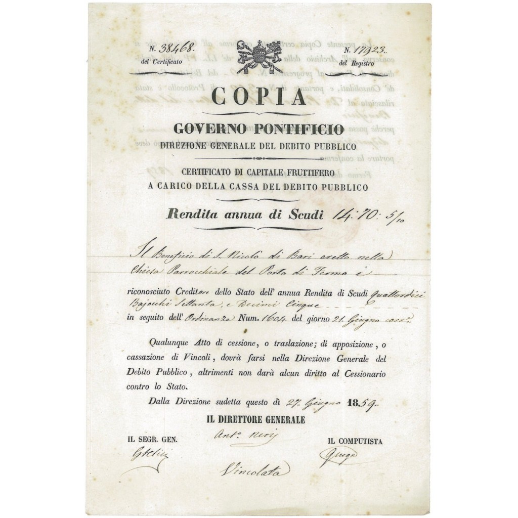 GOVERNO PONTIFICIO - DEBITO PUBBLICO CERT. DI RENDITA - 1859