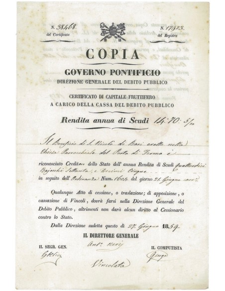 GOVERNO PONTIFICIO - DEBITO PUBBLICO CERT. DI RENDITA - 1859