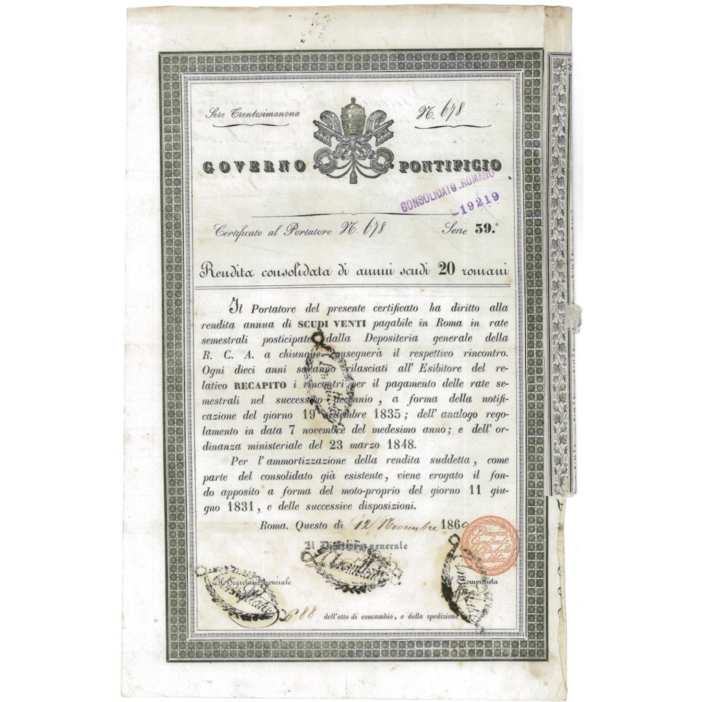 GOVERNO PONTIFICIO - CONS. ROMANO CERT. AL PORTATORE ROMA 1860
